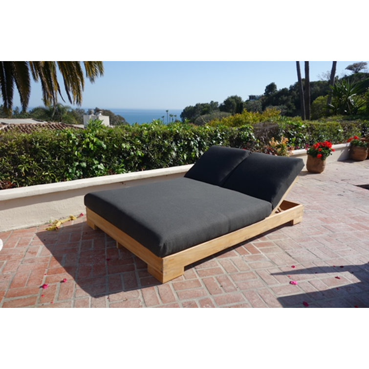 IKsunTeak Teak Double Reclining Teak Chaise Lounge with Cushion